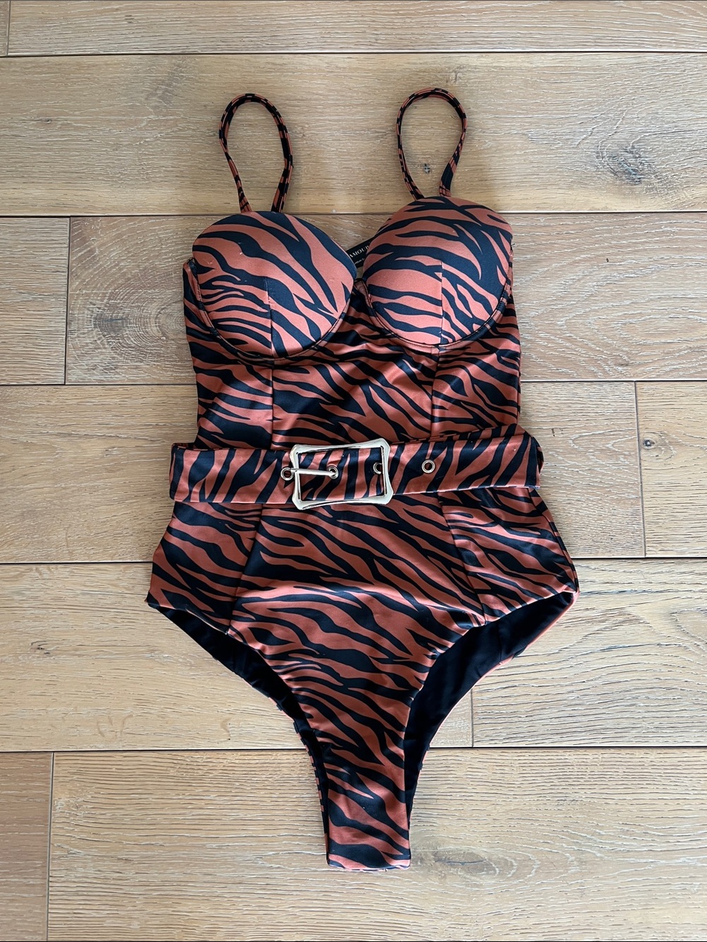 NWT Tiger-Stripe One-Piece Swimsuit with Belt - Rust/Black